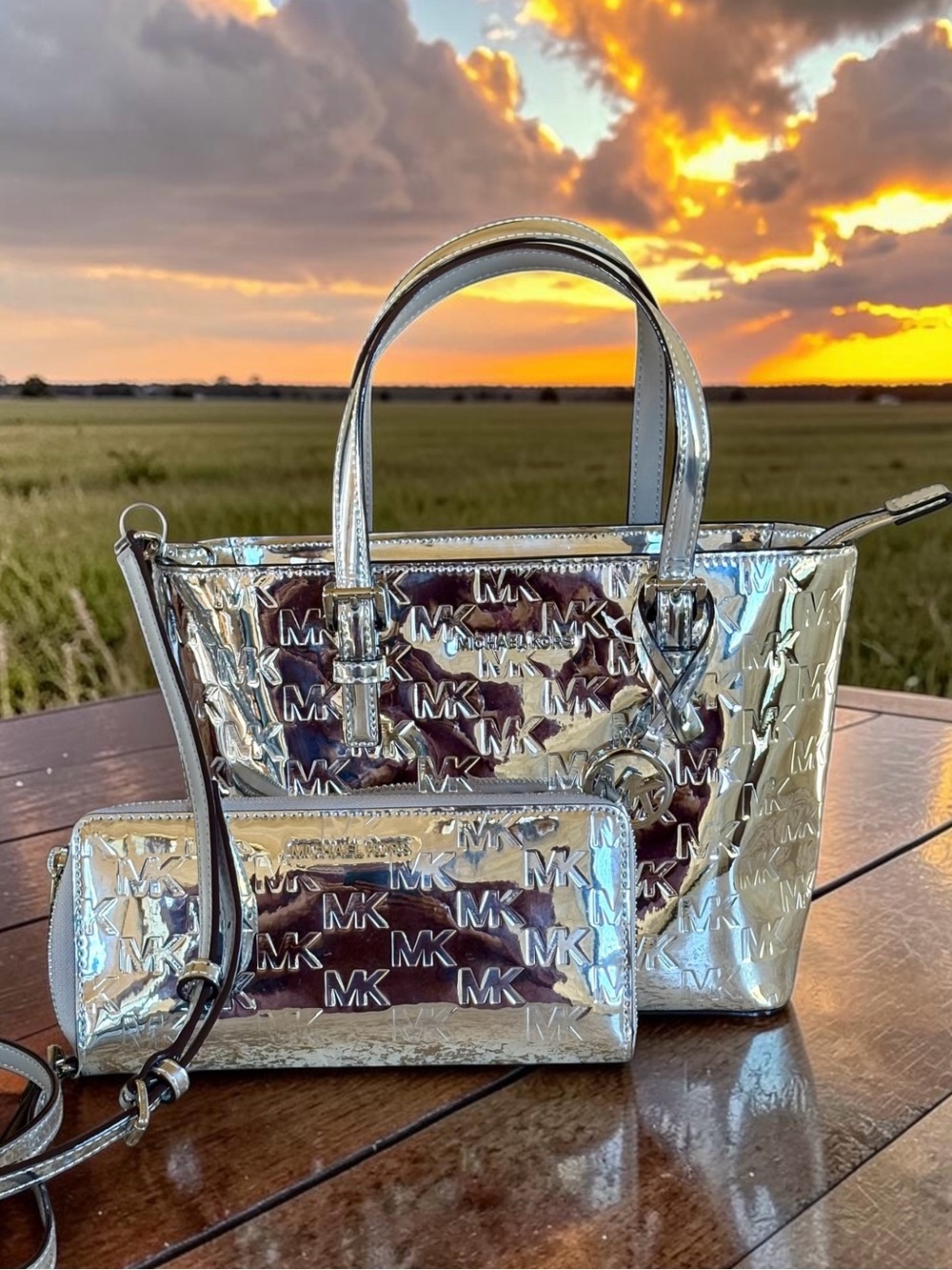 Michael Kors Silver Metallic Embossed MK Tote with Matching Wallet